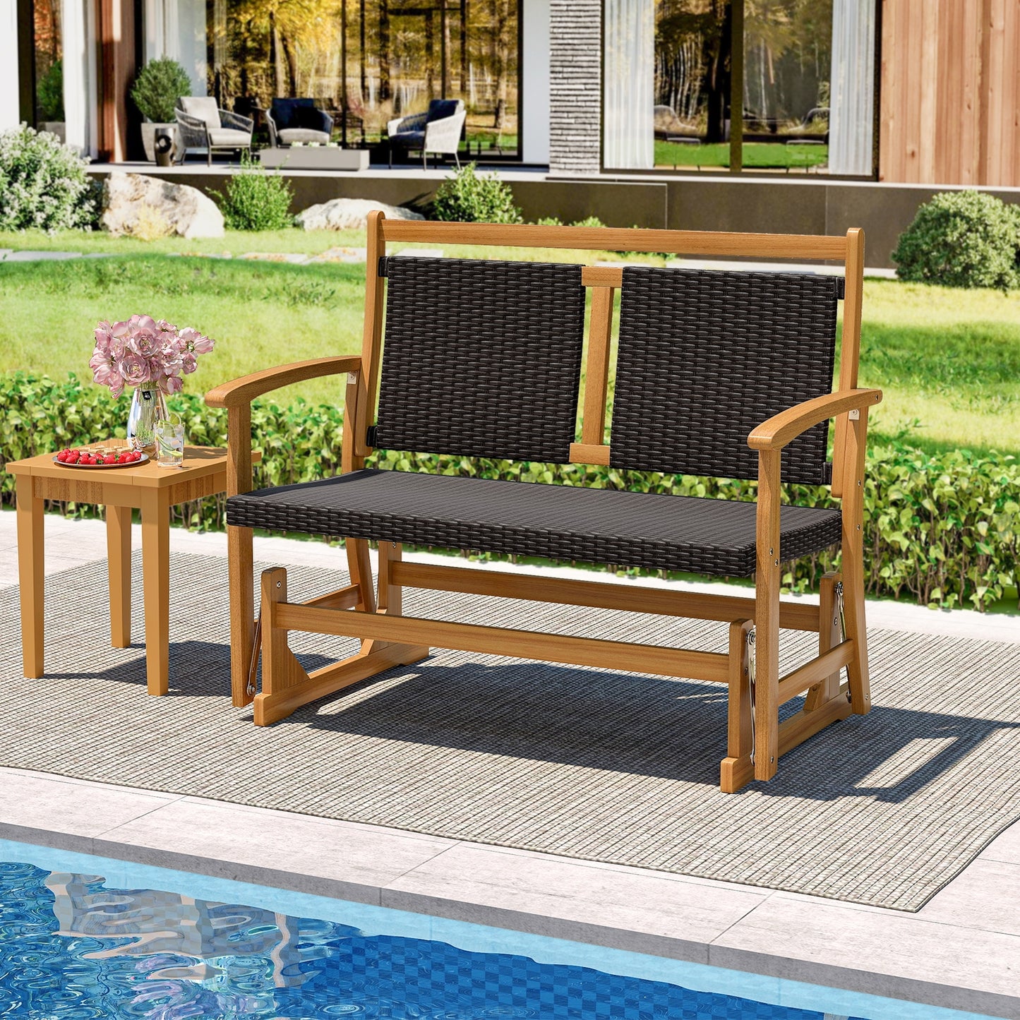 Rattan Glider Bench, Acacia Wood Frame, Brown Patio Rocking Chairs & Gliders at Gallery Canada