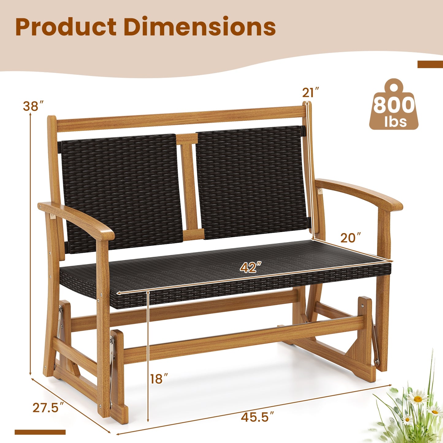 Rattan Glider Bench, Acacia Wood Frame, Brown Patio Rocking Chairs & Gliders at Gallery Canada