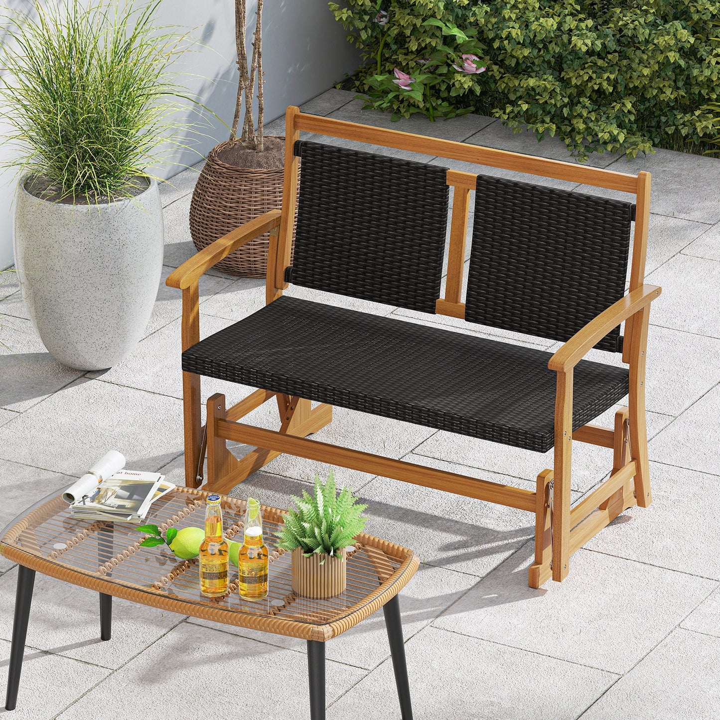 Rattan Glider Bench, Acacia Wood Frame, Brown Patio Rocking Chairs & Gliders at Gallery Canada