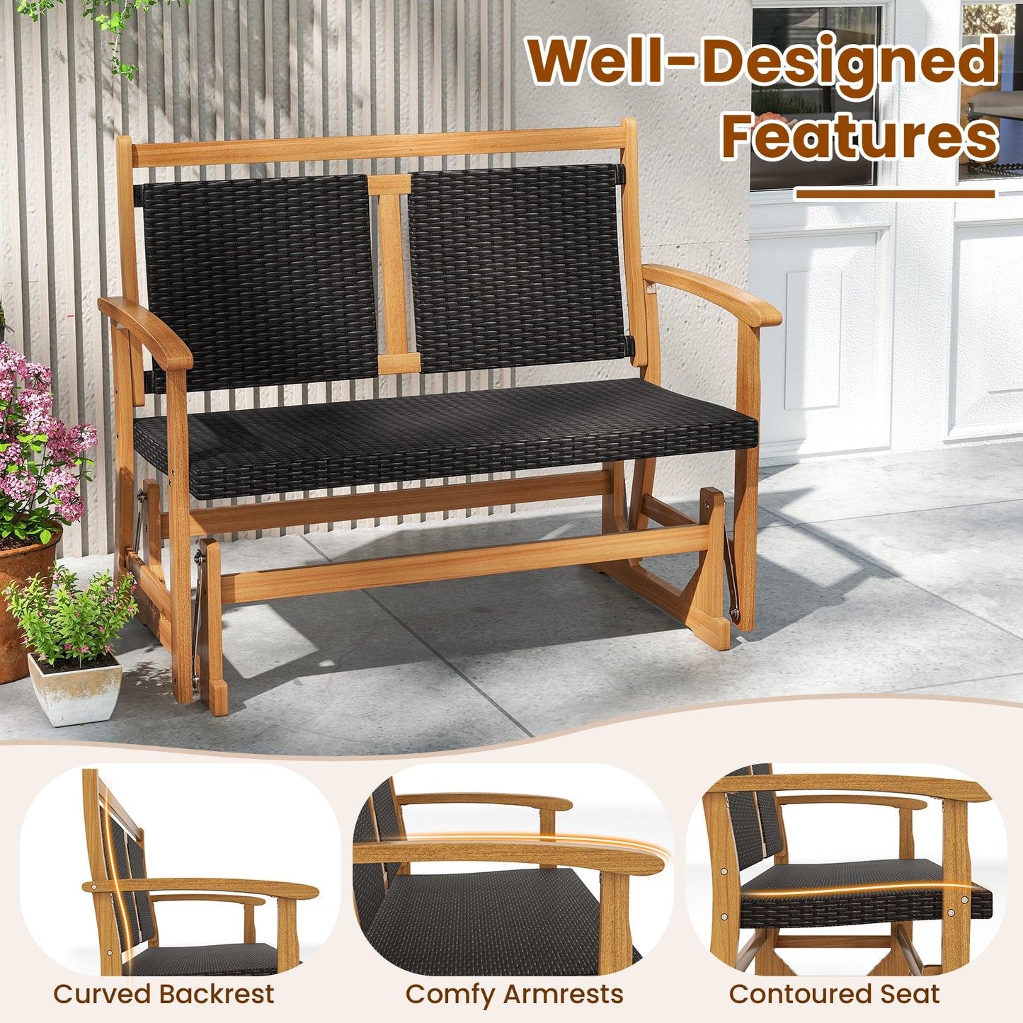 Rattan Glider Bench, Acacia Wood Frame, Brown Patio Rocking Chairs & Gliders at Gallery Canada