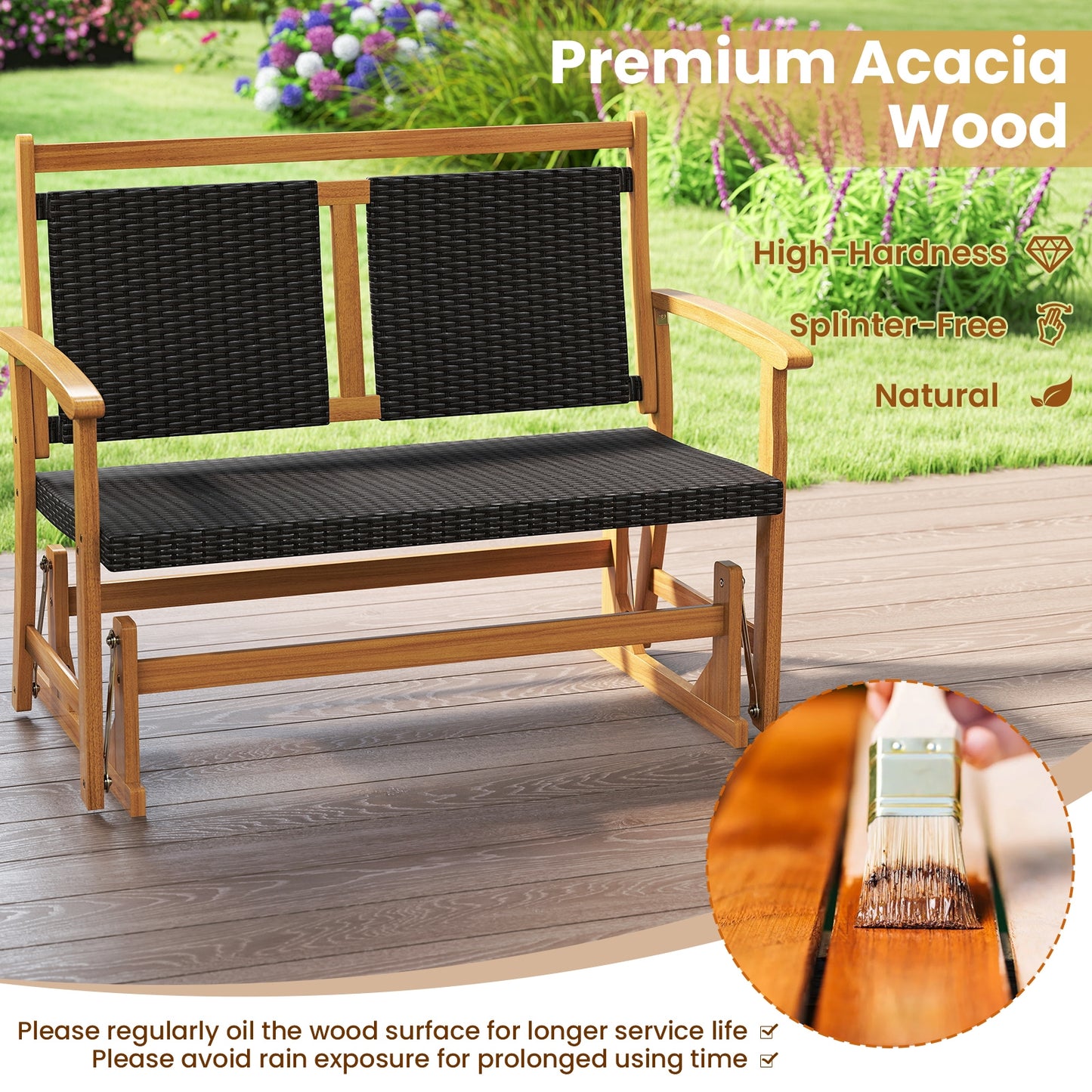 Rattan Glider Bench, Acacia Wood Frame, Brown Patio Rocking Chairs & Gliders at Gallery Canada