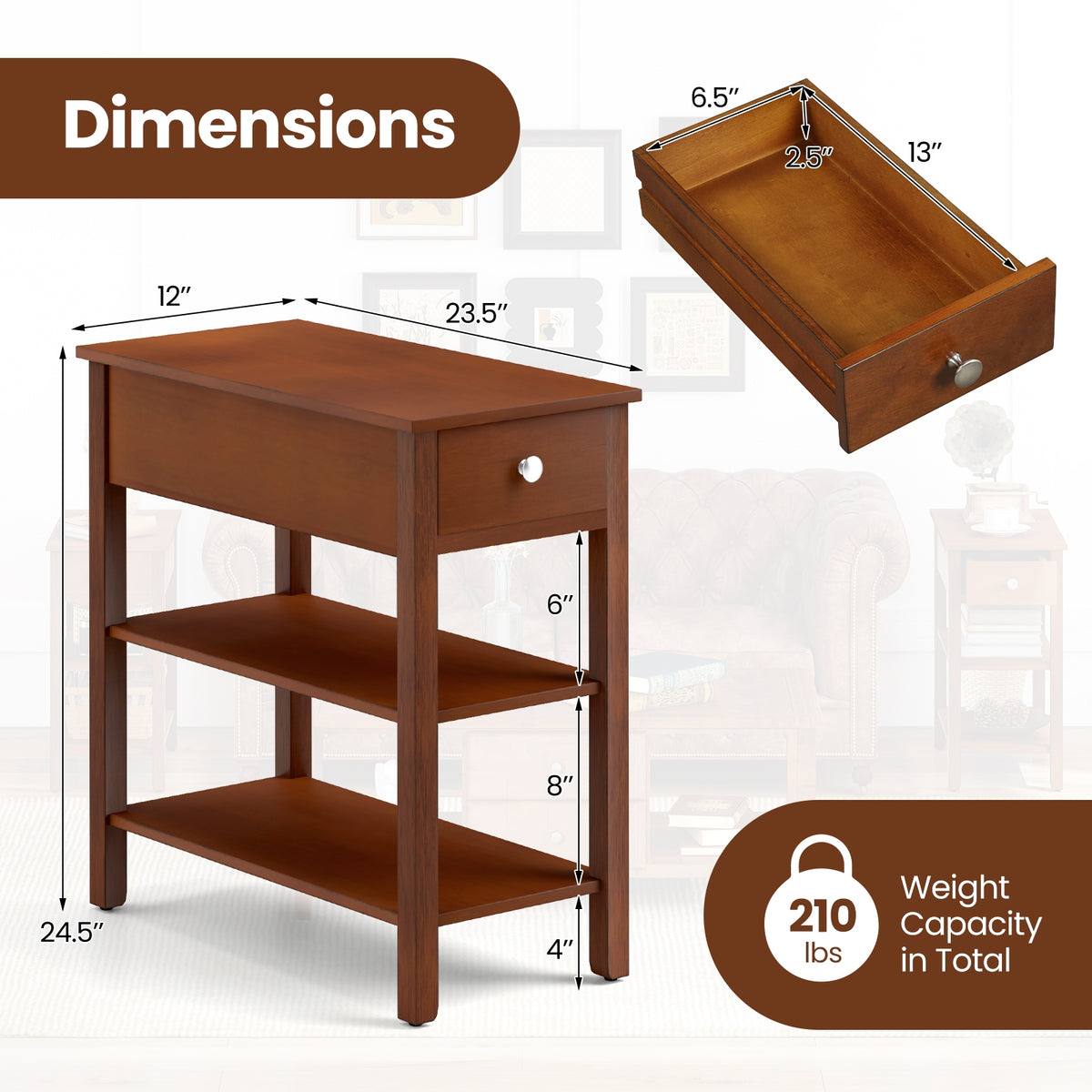 3-Tier Narrow End Table With Drawer, Storage Shelves, Brown End & Side Tables at Gallery Canada