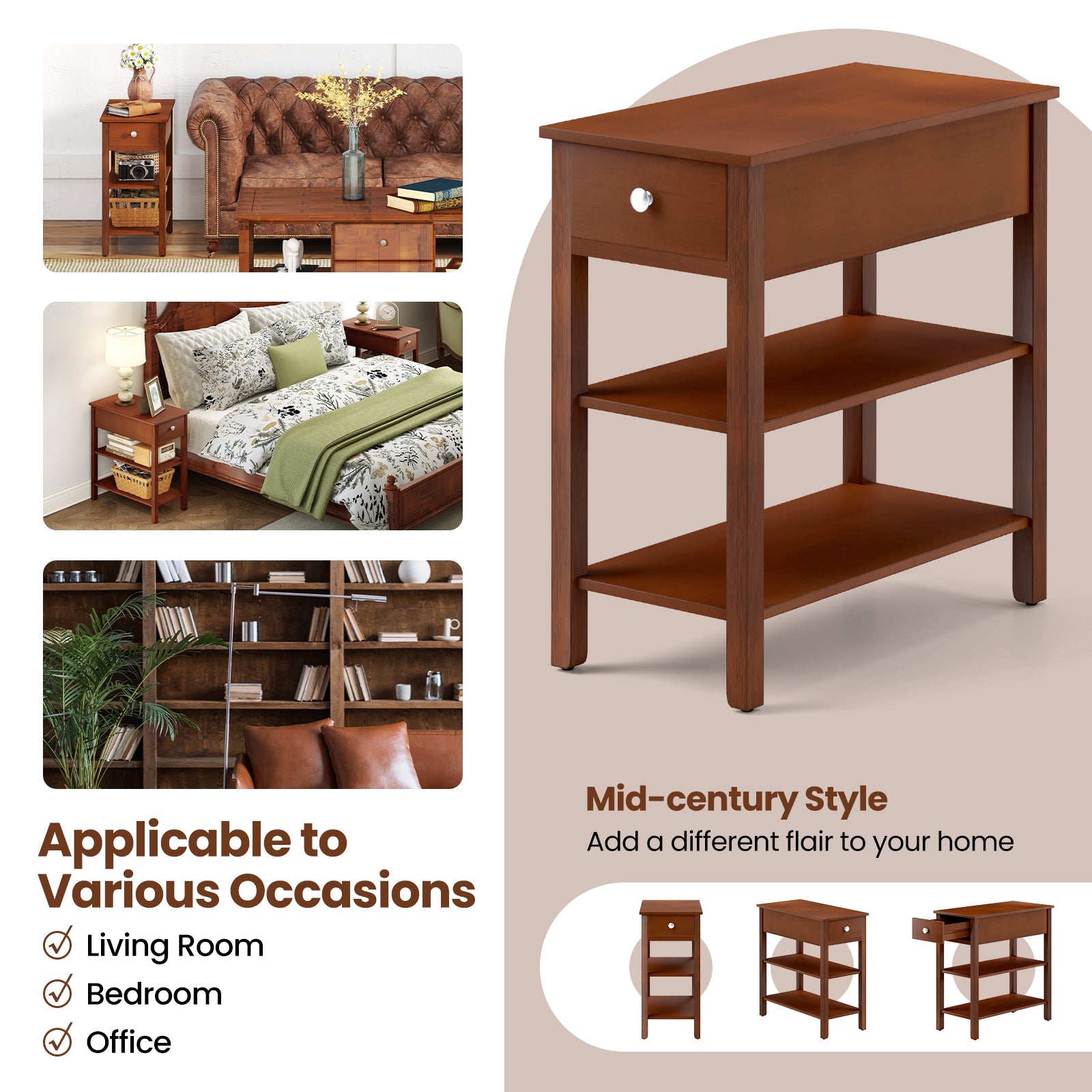 3-Tier Narrow End Table With Drawer, Storage Shelves, Brown End & Side Tables at Gallery Canada