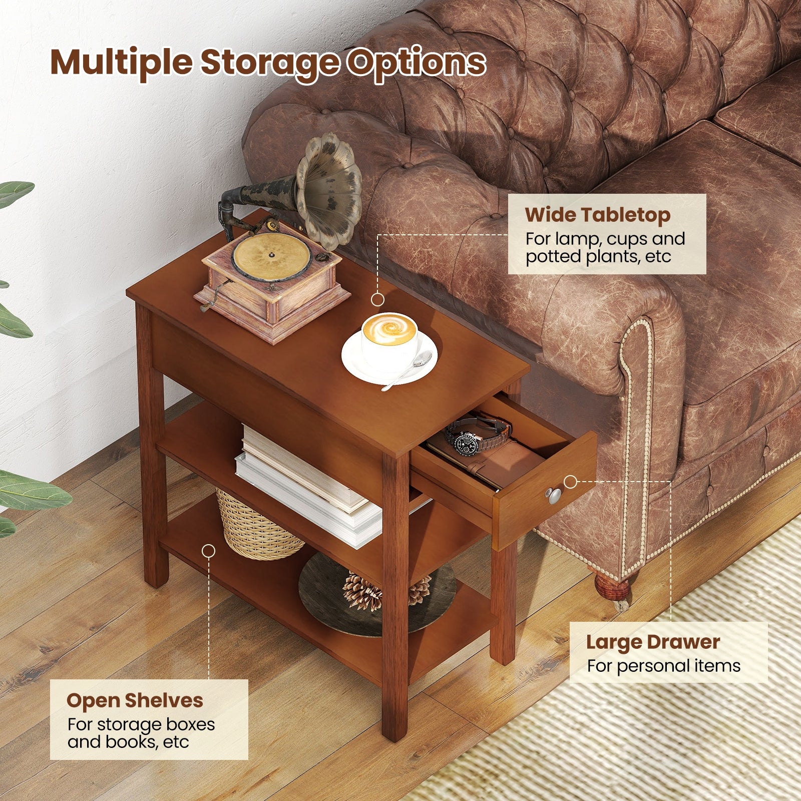 3-Tier Narrow End Table With Drawer, Storage Shelves, Brown End & Side Tables at Gallery Canada