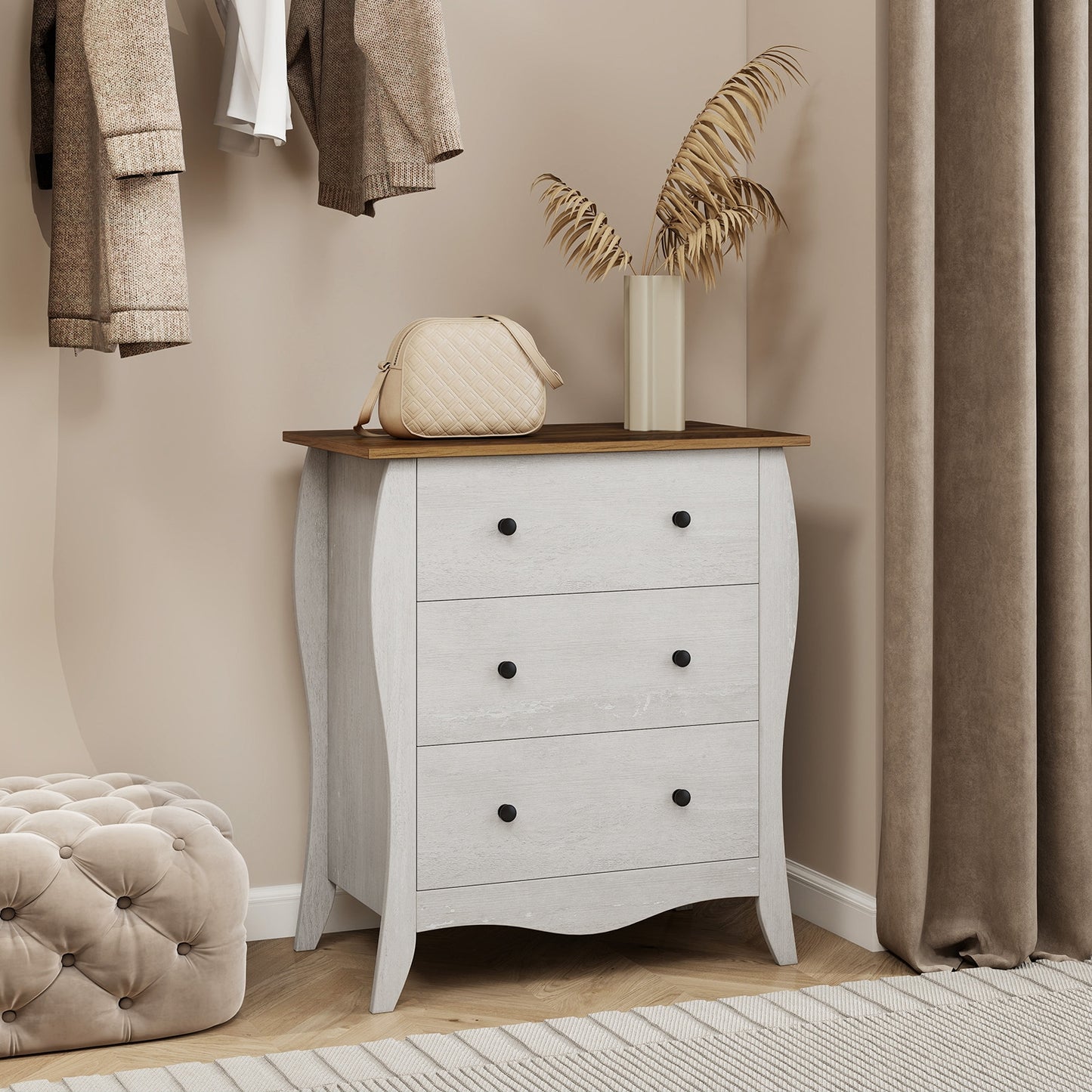 Bedroom Dresser, 3 Folding Fabric Drawers, Anti-Tipping Kit, Gray Nightstands at Gallery Canada