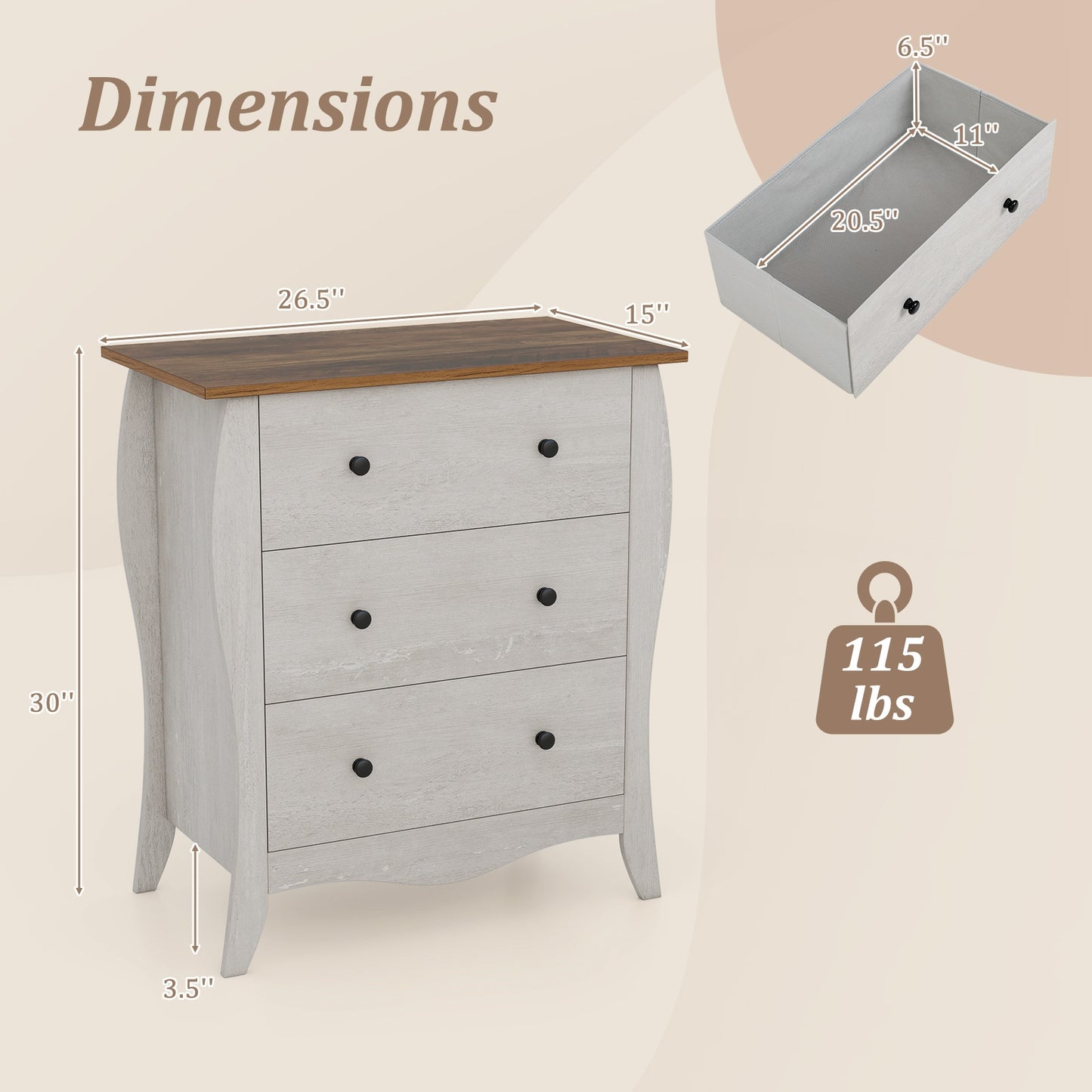 Bedroom Dresser, 3 Folding Fabric Drawers, Anti-Tipping Kit, Gray Nightstands at Gallery Canada