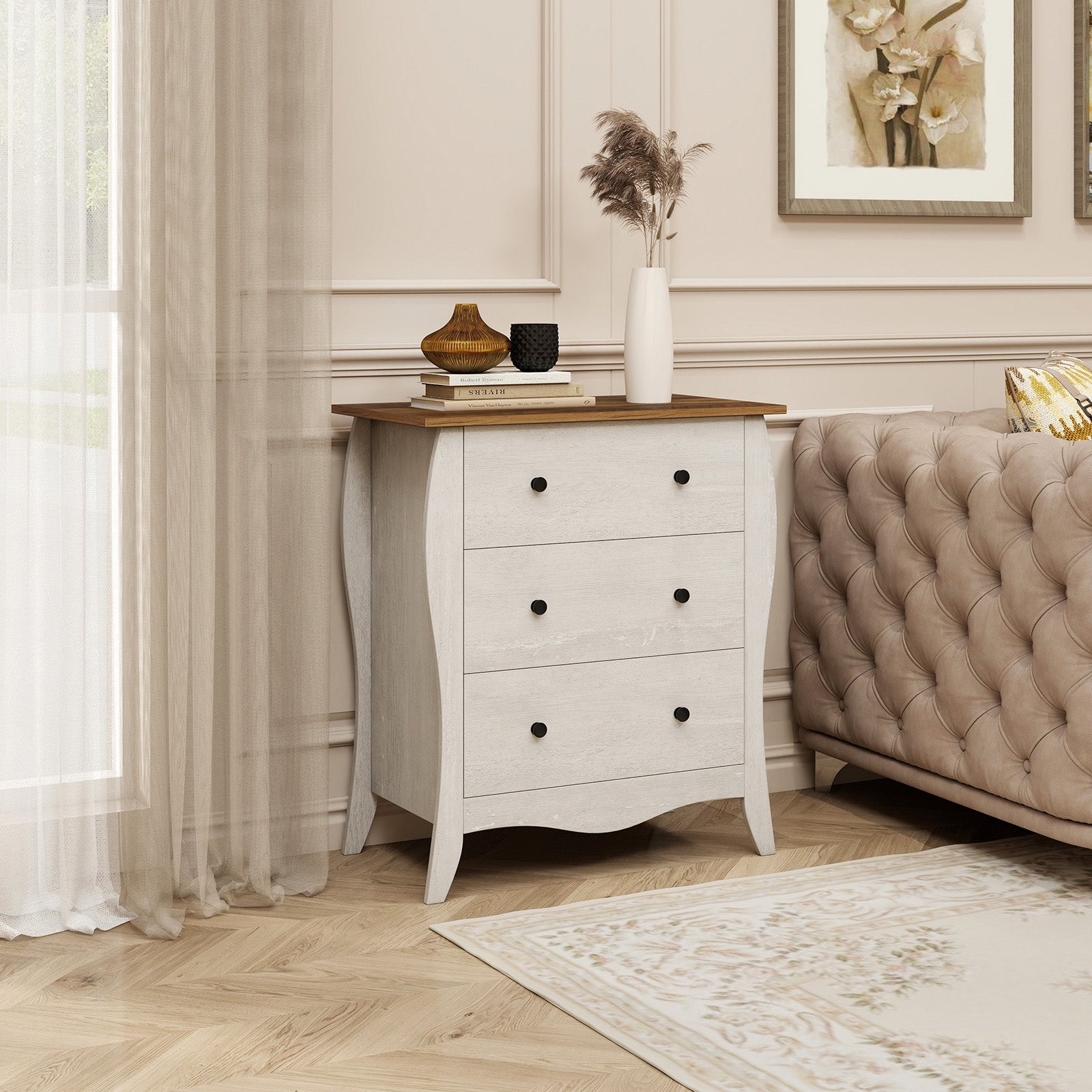 Bedroom Dresser, 3 Folding Fabric Drawers, Anti-Tipping Kit, Gray Nightstands at Gallery Canada