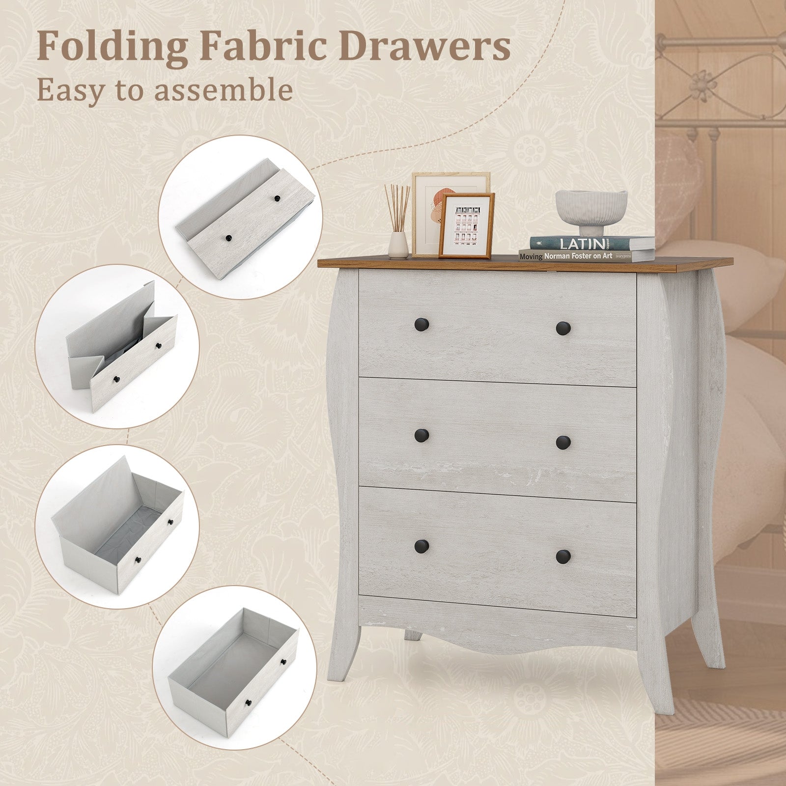 Bedroom Dresser, 3 Folding Fabric Drawers, Anti-Tipping Kit, Gray Nightstands at Gallery Canada