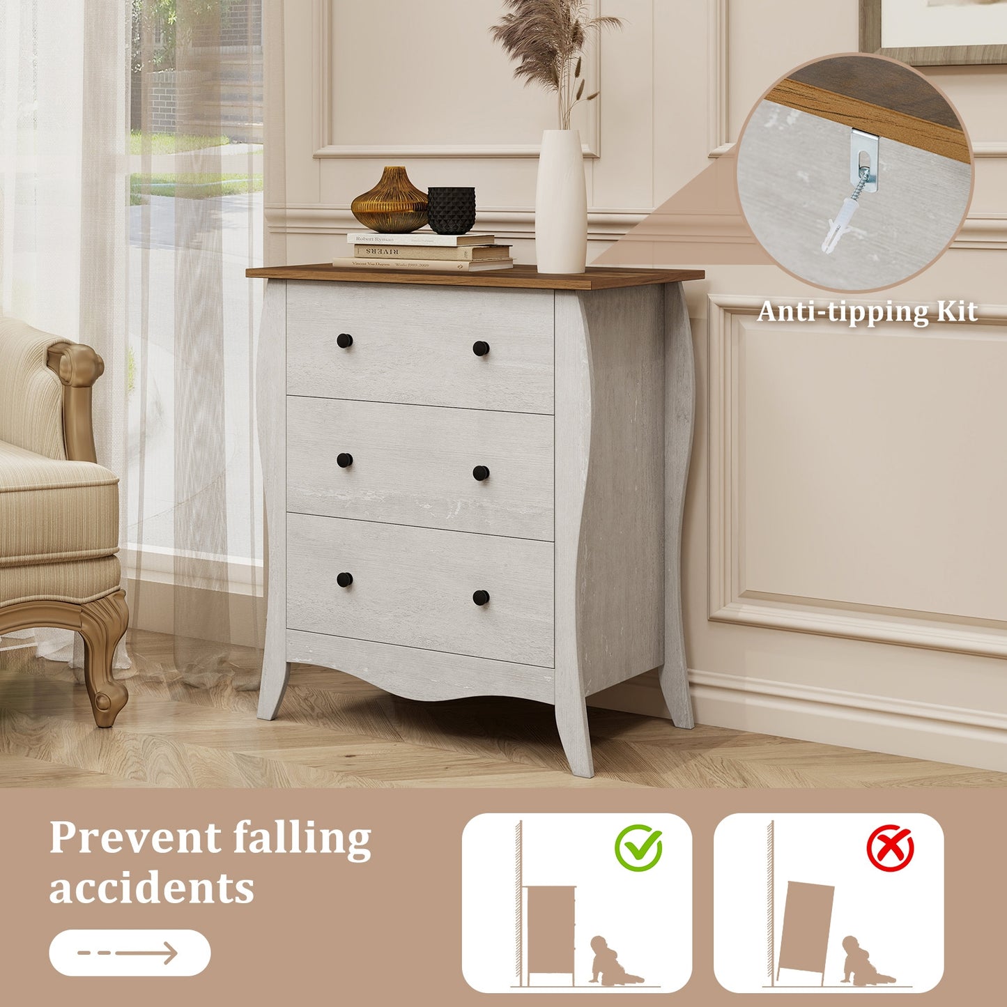 Bedroom Dresser, 3 Folding Fabric Drawers, Anti-Tipping Kit, Gray Nightstands at Gallery Canada