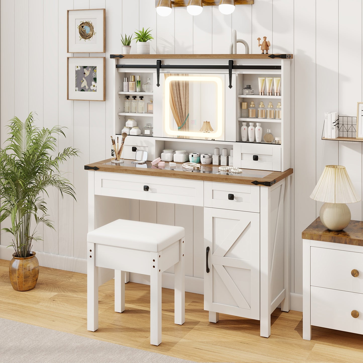 Makeup Vanity Desk With Mirror, 3-Color Dimmable LED Lights, White Makeup Vanities at Gallery Canada