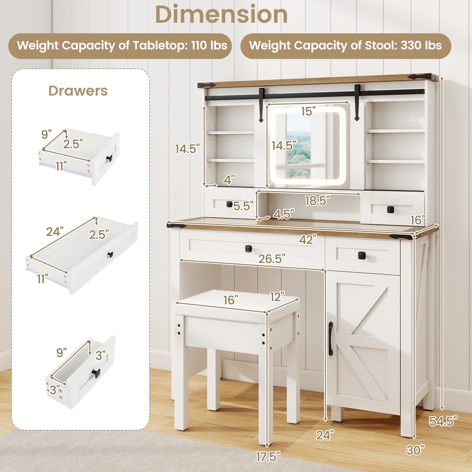 Makeup Vanity Desk With Mirror, 3-Color Dimmable LED Lights, White Makeup Vanities at Gallery Canada