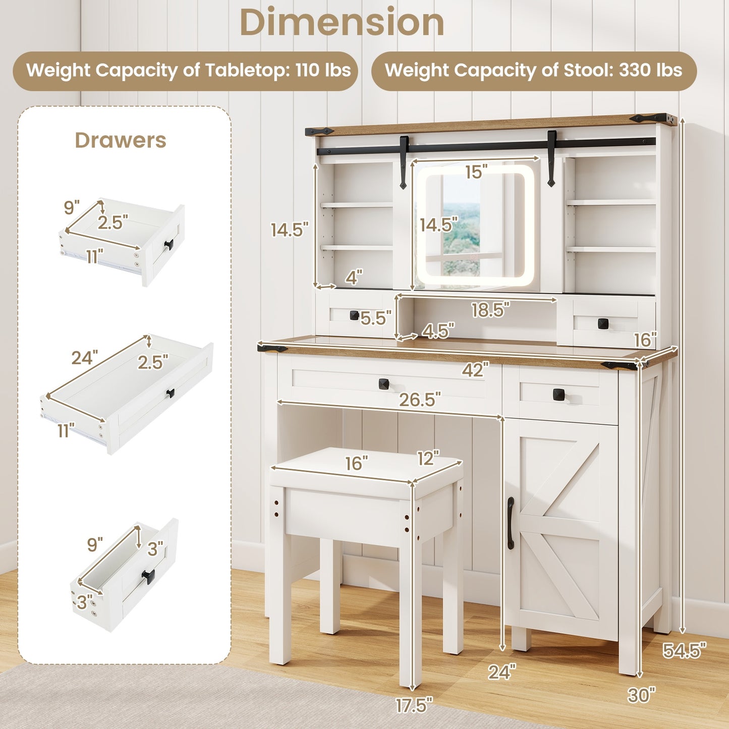 Makeup Vanity Desk With Mirror, 3-Color Dimmable LED Lights, White Makeup Vanities at Gallery Canada