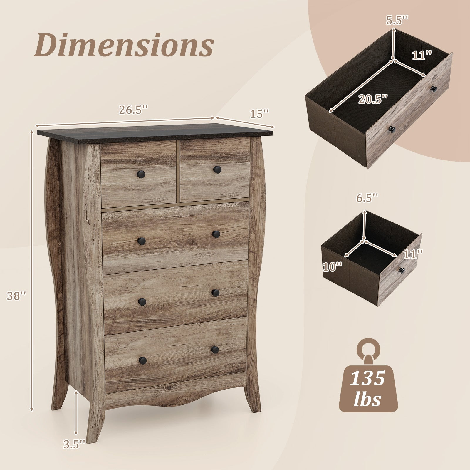 Closet Storage Organizer, 5 Fabric Drawers, Anti-Tipping Kit, Brown Nightstands at Gallery Canada