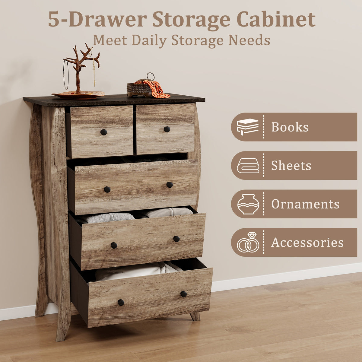 Closet Storage Organizer, 5 Fabric Drawers, Anti-Tipping Kit, Brown Nightstands at Gallery Canada