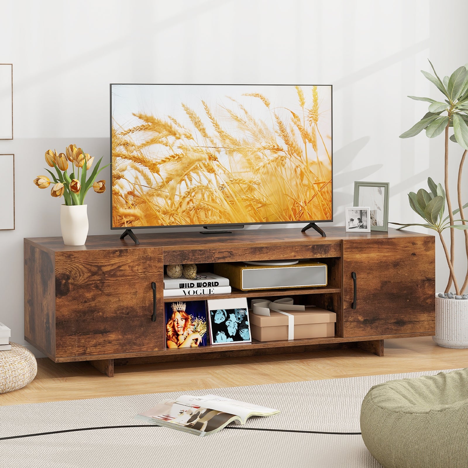 TV Stand With Power Outlet, 2 Cable Holes, 65 Inch, Rustic Brown Entertainment Centers & TV Stands at Gallery Canada