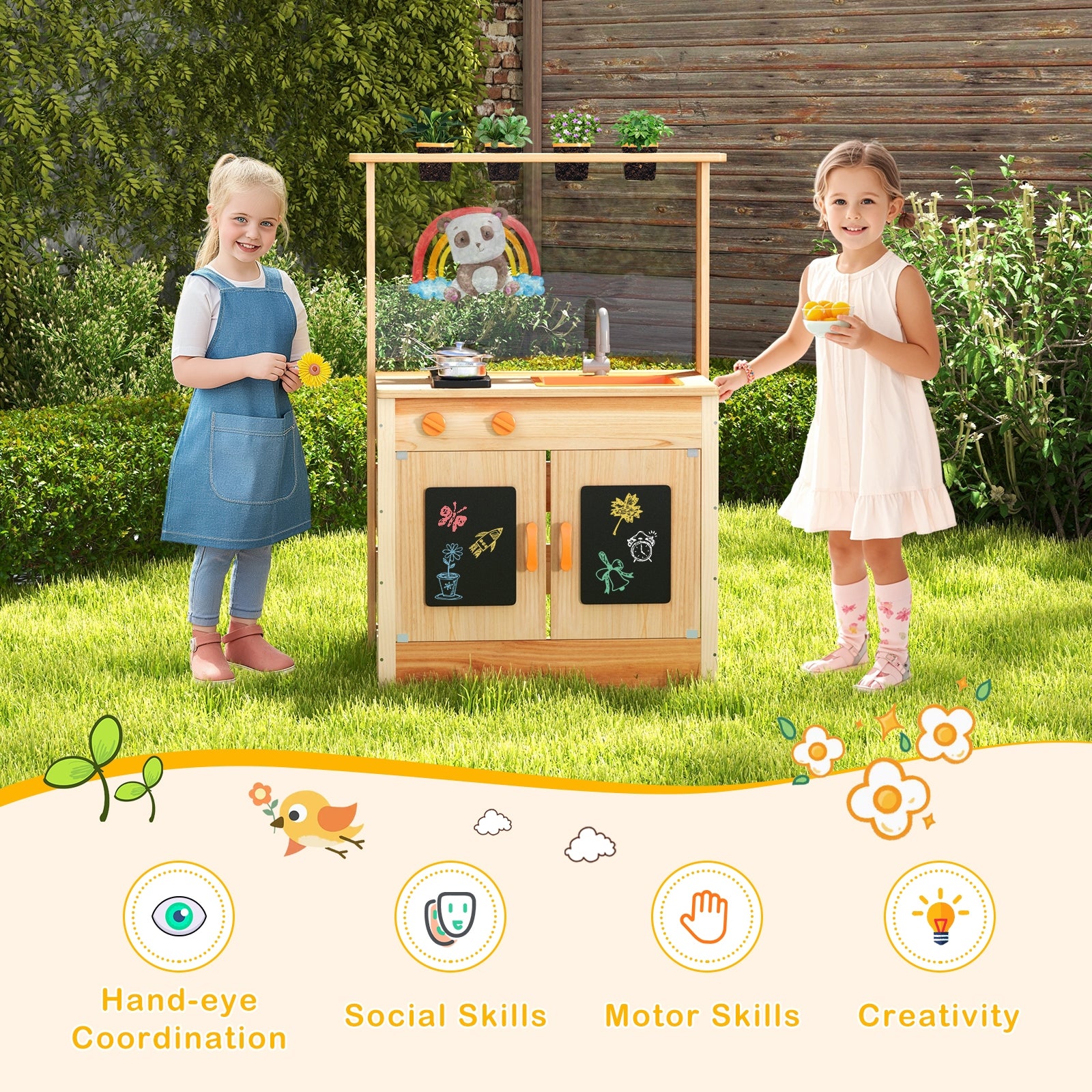 Kids Mud Kitchen Playset, Fir Wood, Planting Pots, Blackboards, Natural Play Kitchen Sets at Gallery Canada