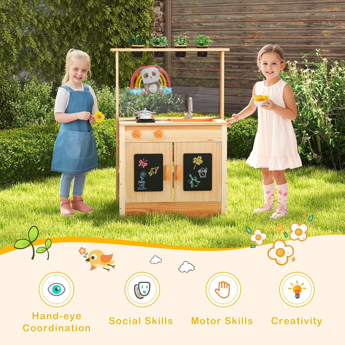 Kids Mud Kitchen Playset, Fir Wood, Planting Pots, Blackboards, Natural Play Kitchen Sets at Gallery Canada