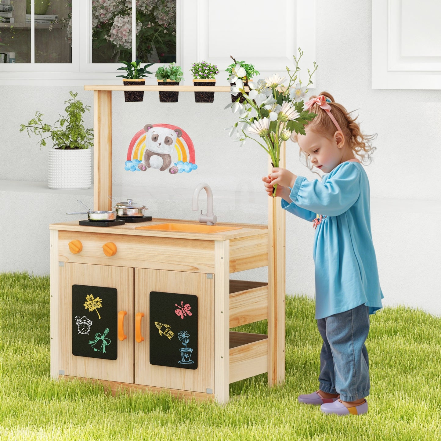 Kids Mud Kitchen Playset, Fir Wood, Planting Pots, Blackboards, Natural Play Kitchen Sets at Gallery Canada