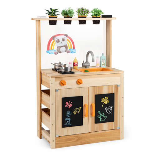Kids Mud Kitchen Playset, Fir Wood, Planting Pots, Blackboards, Natural