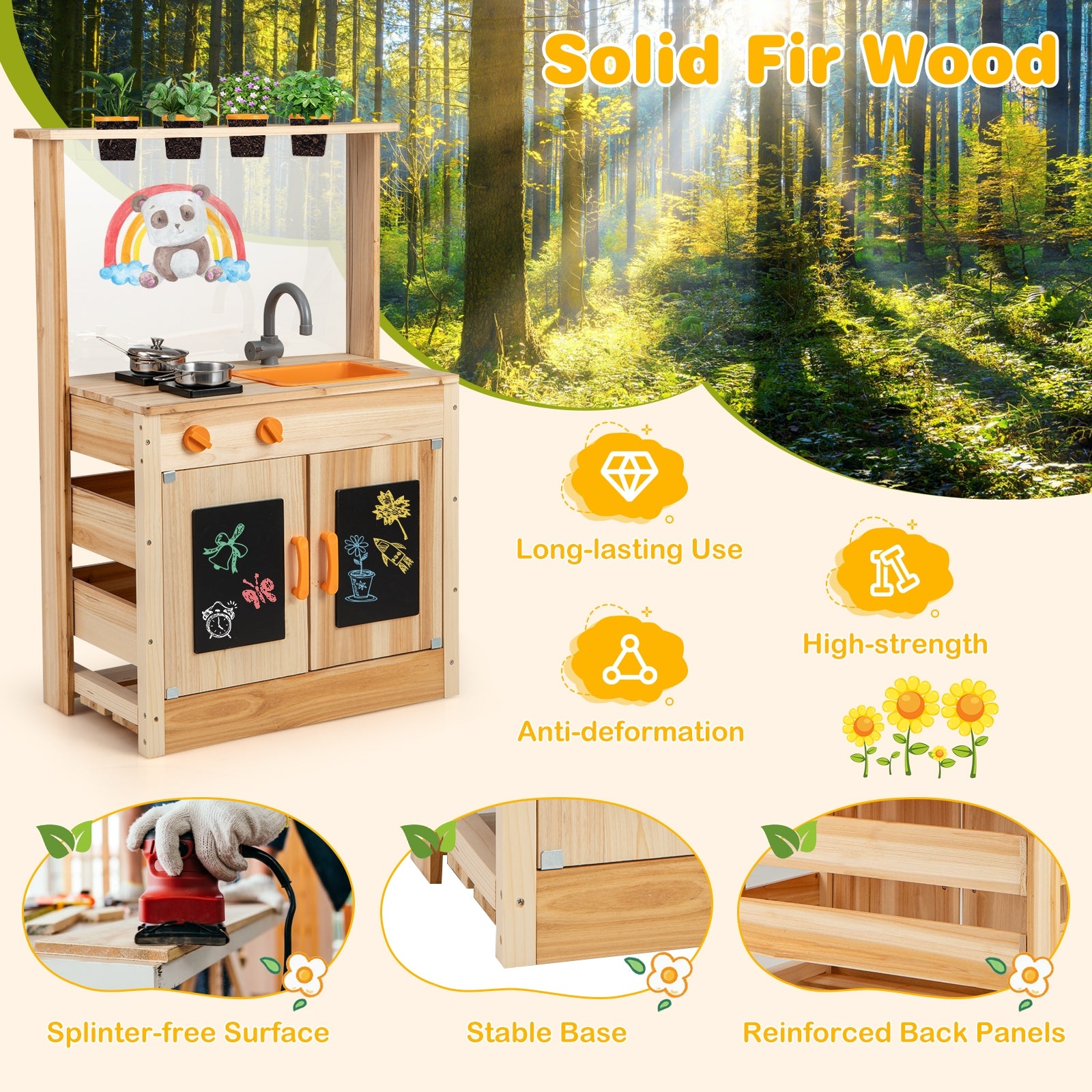 Kids Mud Kitchen Playset, Fir Wood, Planting Pots, Blackboards, Natural Play Kitchen Sets at Gallery Canada