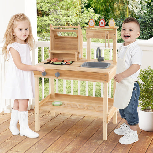 Wooden Barbecue Grill Playset, Play Food, Open Shelves, Natural