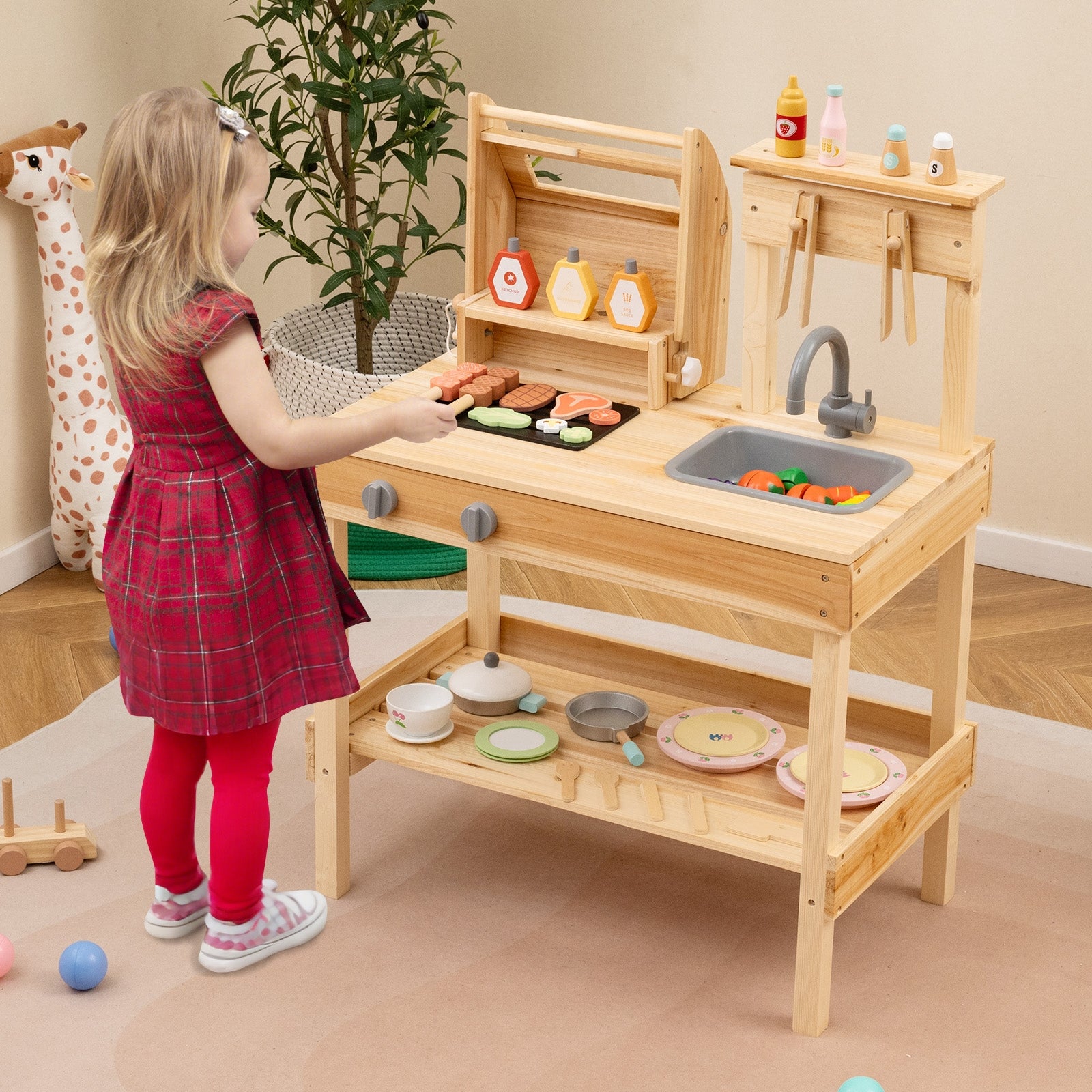 Wooden Barbecue Grill Playset, Play Food, Open Shelves, Natural Play Kitchen Sets at Gallery Canada