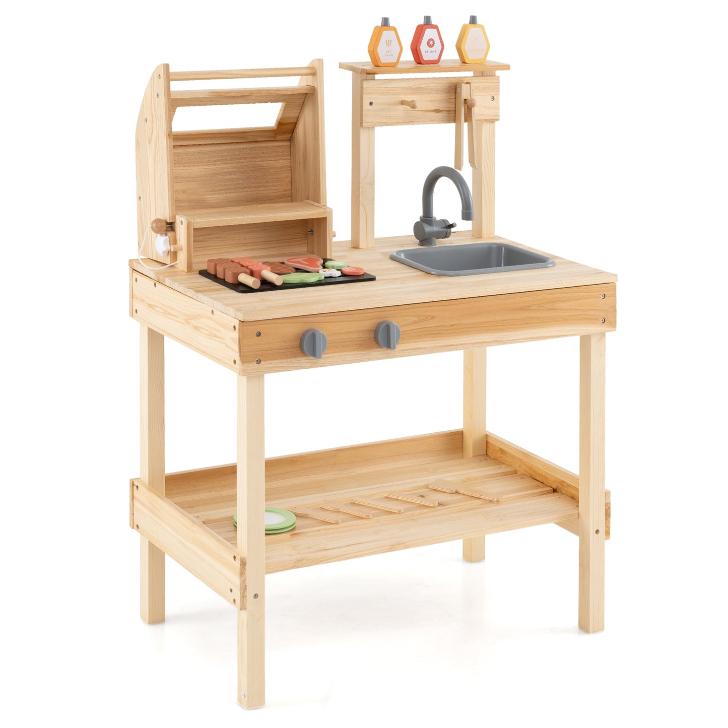 Wooden Barbecue Grill Playset, Play Food, Open Shelves, Natural Play Kitchen Sets Natural at Gallery Canada