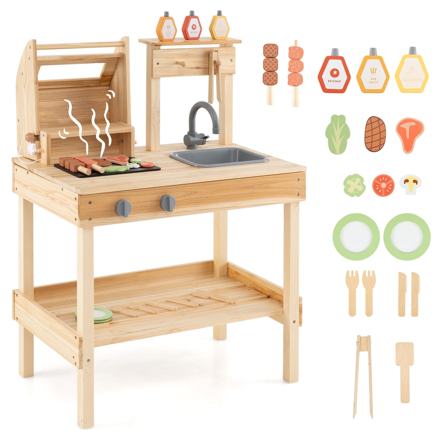 Wooden Barbecue Grill Playset, Play Food, Open Shelves, Natural Play Kitchen Sets at Gallery Canada