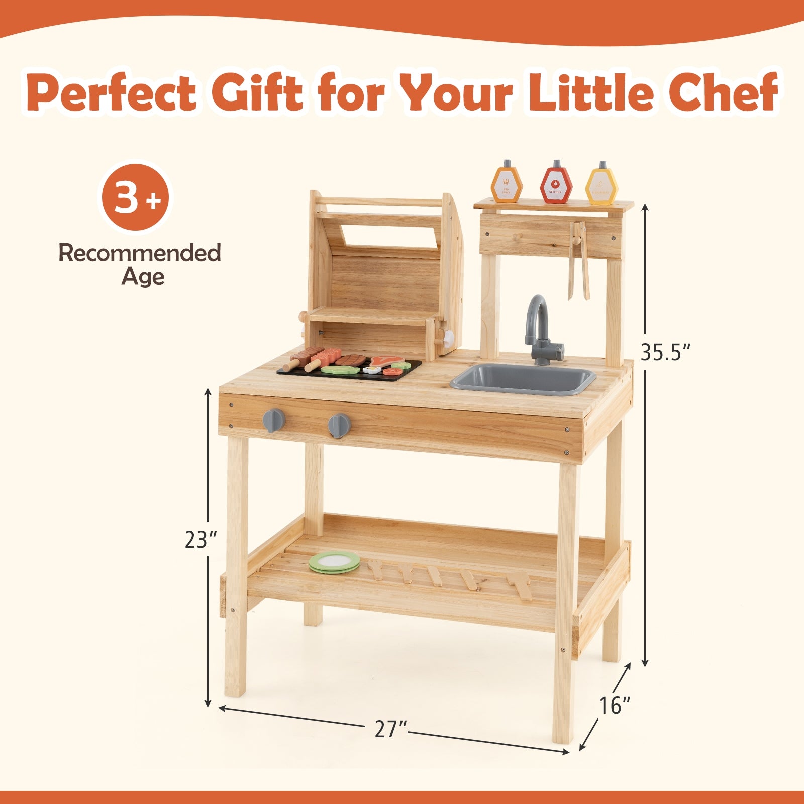 Wooden Barbecue Grill Playset, Play Food, Open Shelves, Natural Play Kitchen Sets at Gallery Canada