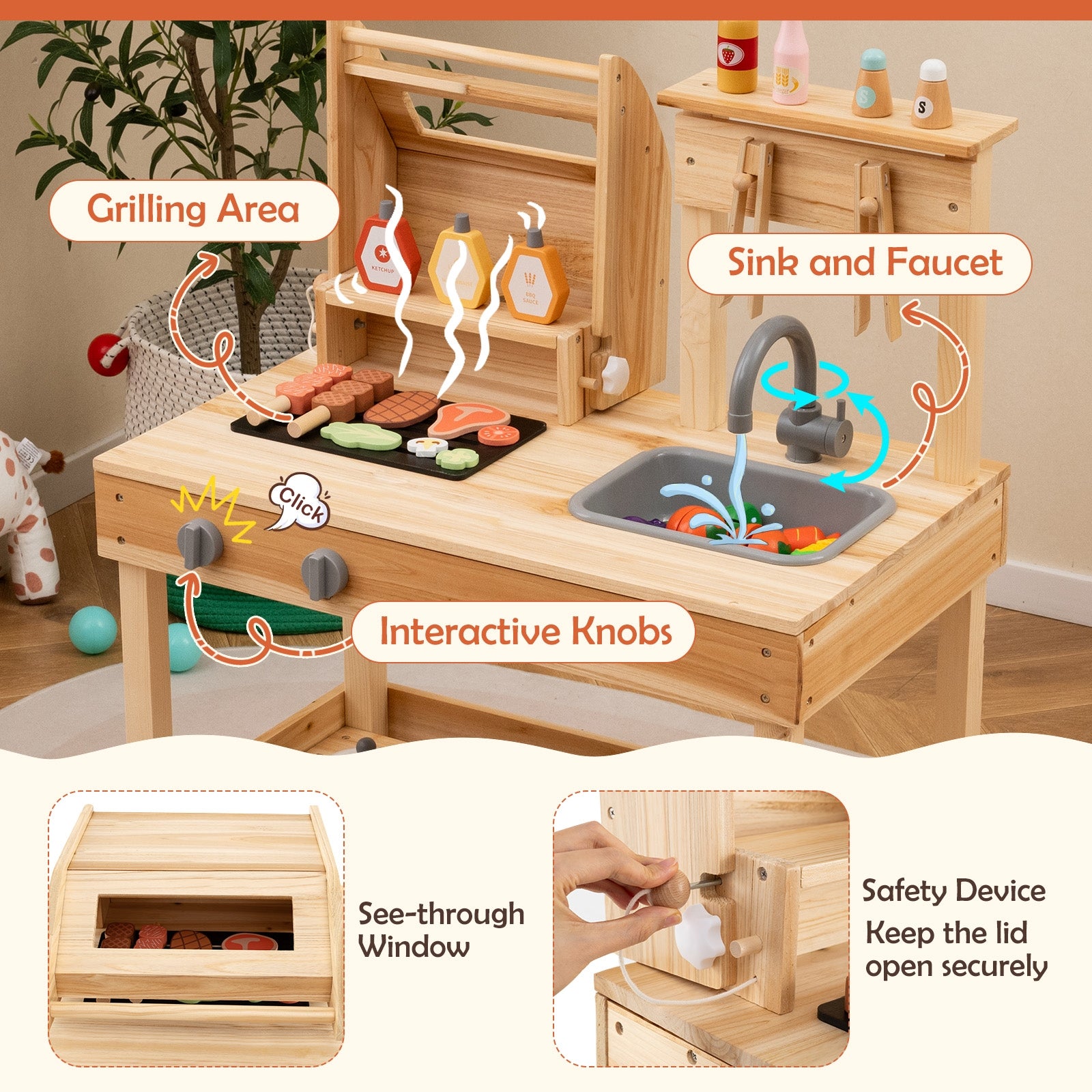 Wooden Barbecue Grill Playset, Play Food, Open Shelves, Natural Play Kitchen Sets at Gallery Canada