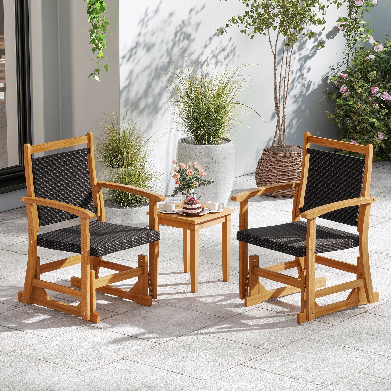 Patio Rattan Glider Chair, Acacia Wood Frame, Brown Patio Rocking Chairs & Gliders at Gallery Canada