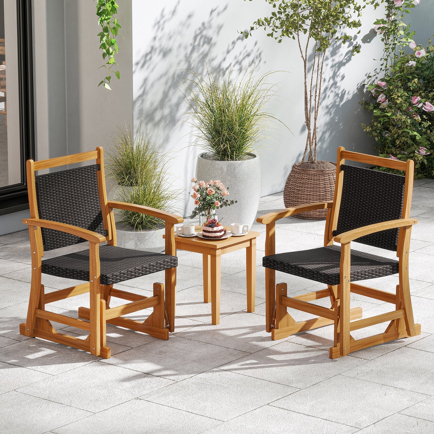 Patio Rattan Glider Chair, Acacia Wood Frame, Brown Patio Rocking Chairs & Gliders at Gallery Canada