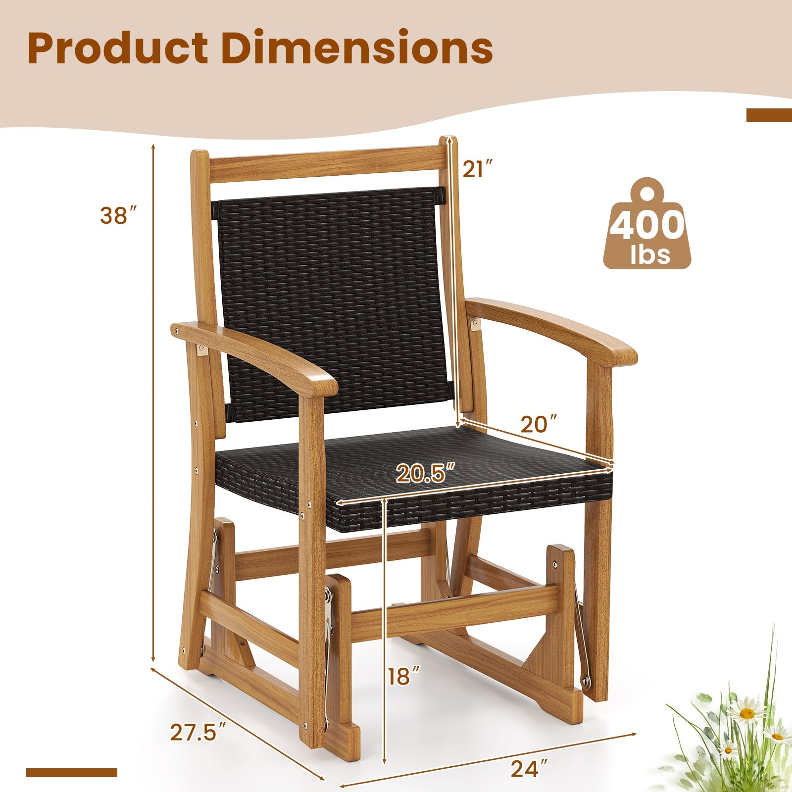 Patio Rattan Glider Chair, Acacia Wood Frame, Brown Patio Rocking Chairs & Gliders at Gallery Canada