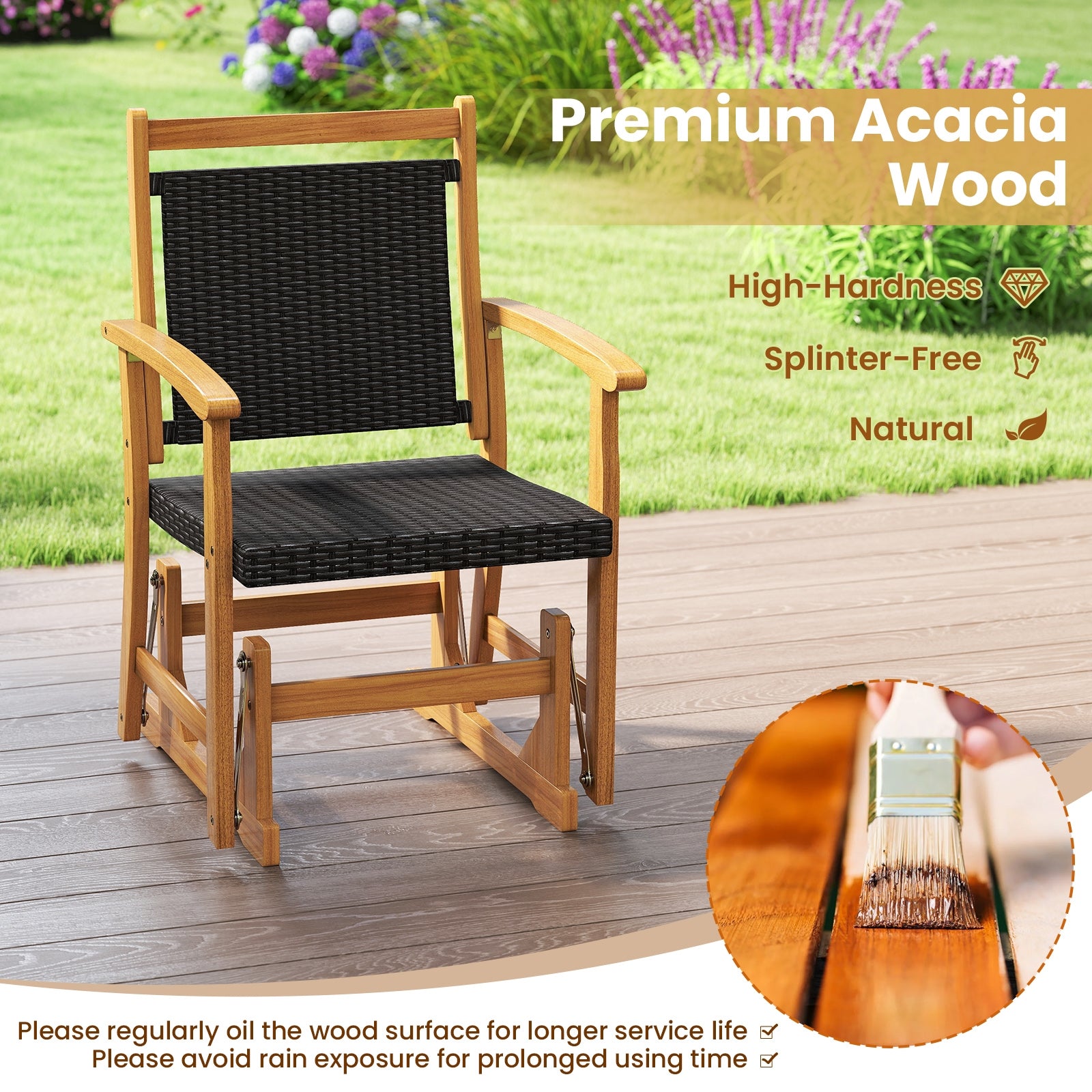 Patio Rattan Glider Chair, Acacia Wood Frame, Brown Patio Rocking Chairs & Gliders at Gallery Canada