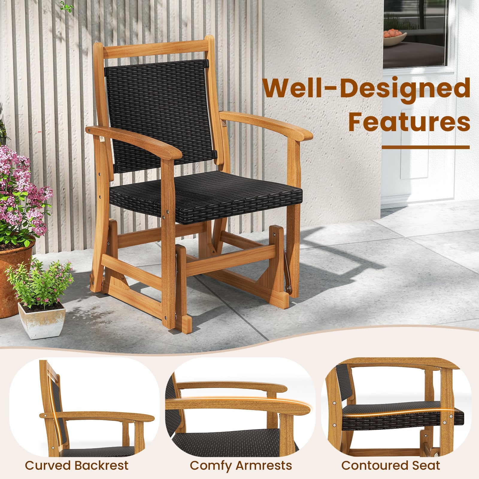 Patio Rattan Glider Chair, Acacia Wood Frame, Brown Patio Rocking Chairs & Gliders at Gallery Canada