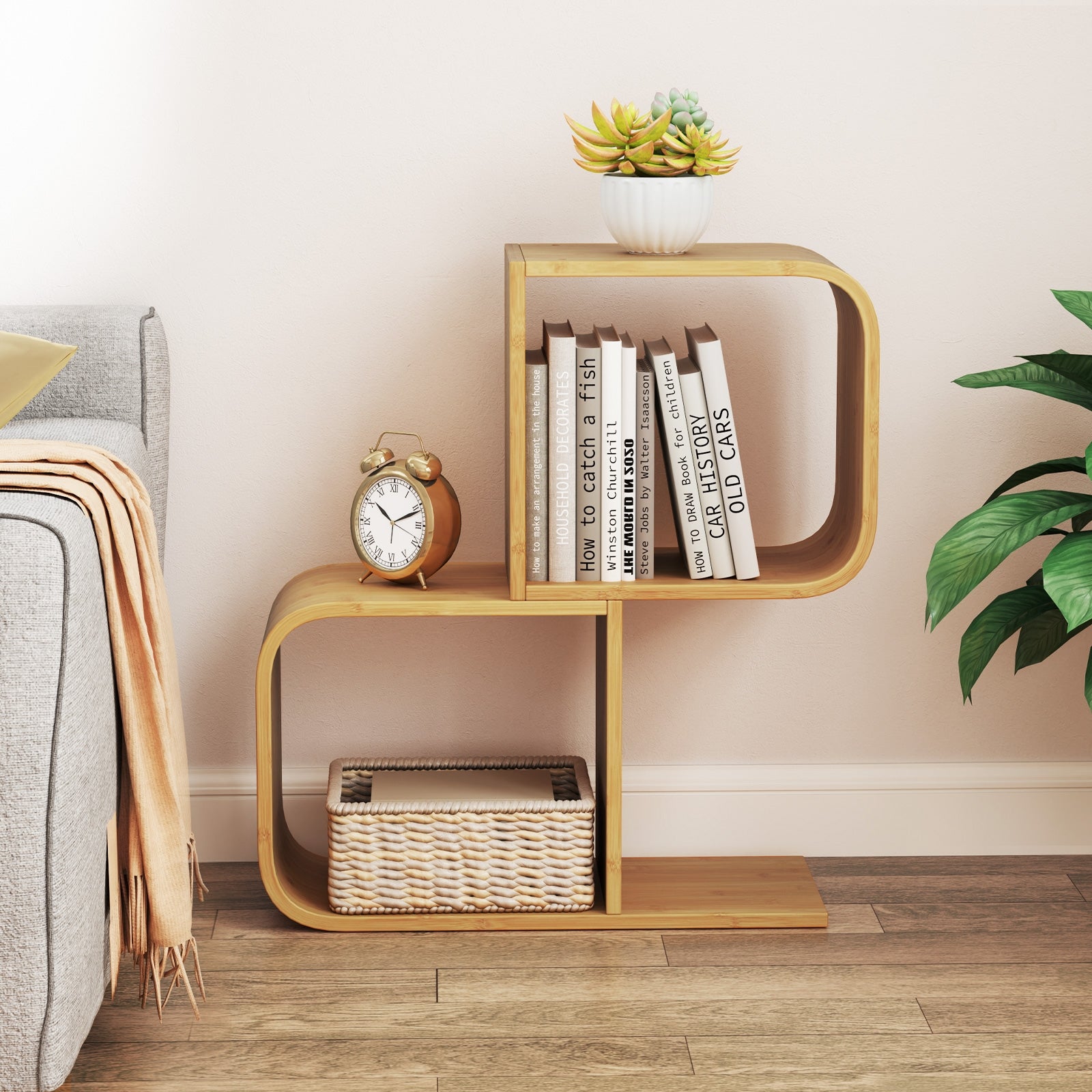 2-Tier S-Shaped Bamboo Bookcase, 2 Open Cubes, Natural Bookcases at Gallery Canada