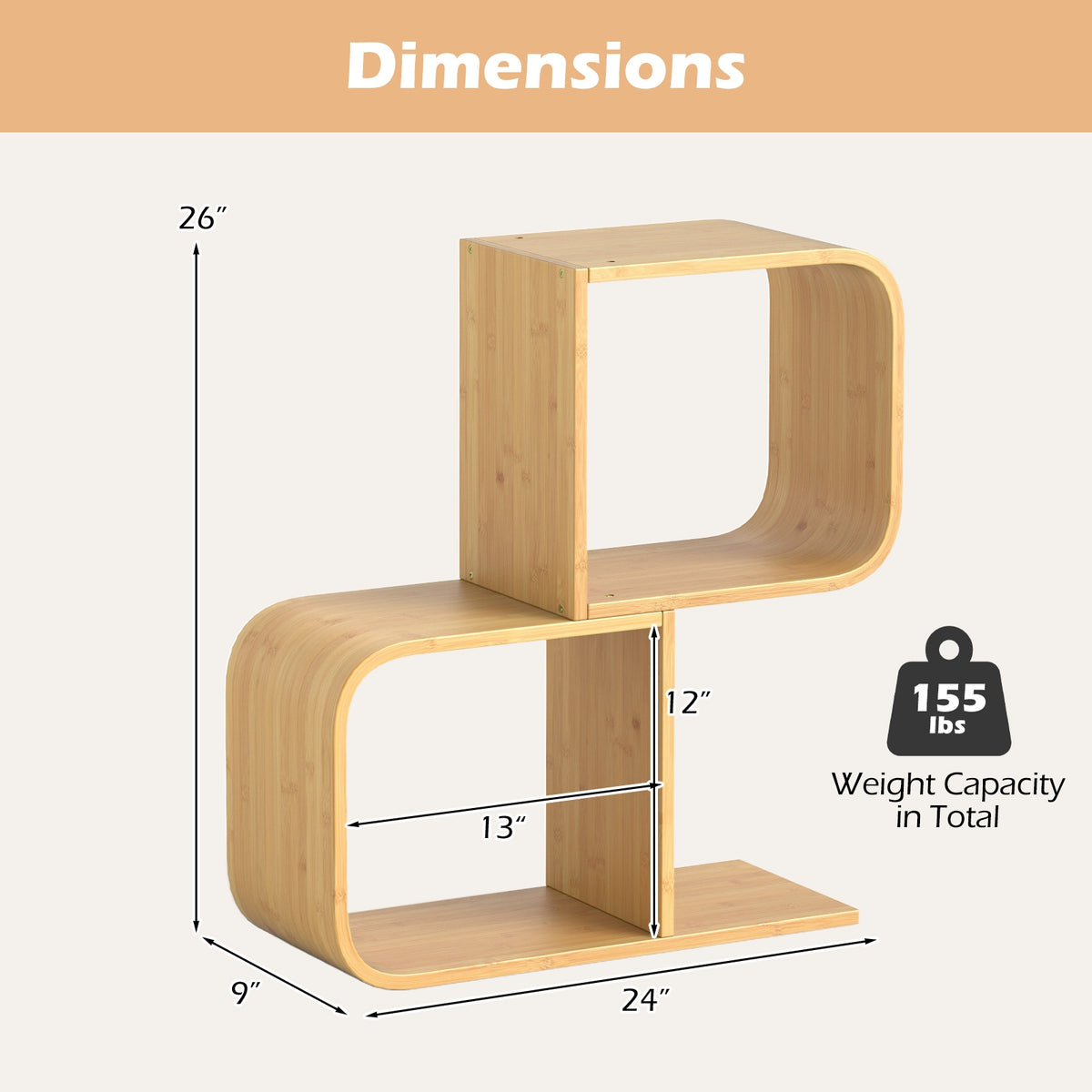 2-Tier S-Shaped Bamboo Bookcase, 2 Open Cubes, Natural Bookcases at Gallery Canada