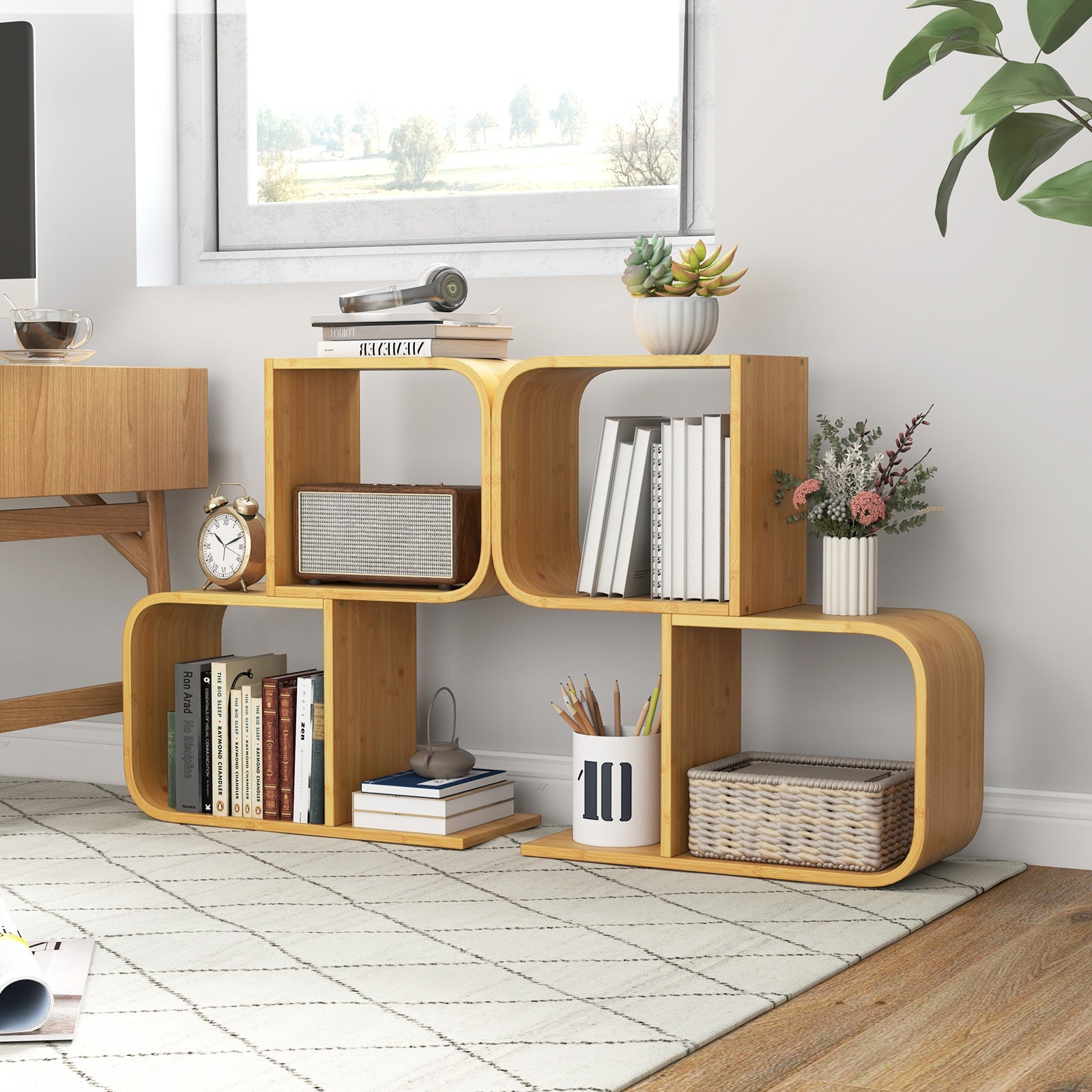 2-Tier S-Shaped Bamboo Bookcase, 2 Open Cubes, Natural Bookcases at Gallery Canada