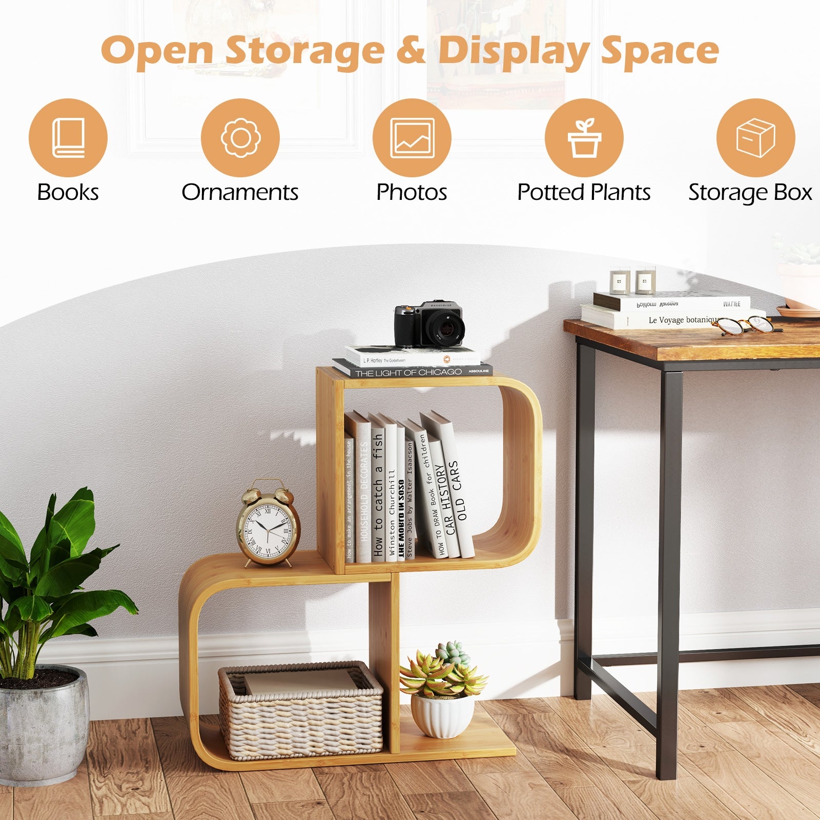 2-Tier S-Shaped Bamboo Bookcase, 2 Open Cubes, Natural Bookcases at Gallery Canada