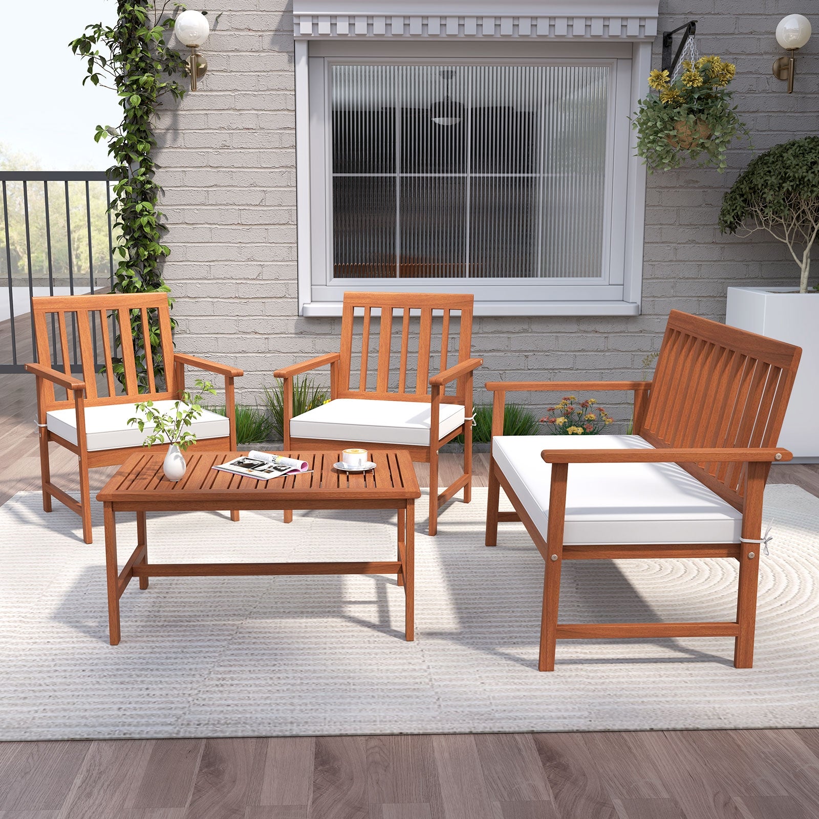 4 Piece Acacia Wood Furniture Set, White Patio Conversation Sets at Gallery Canada