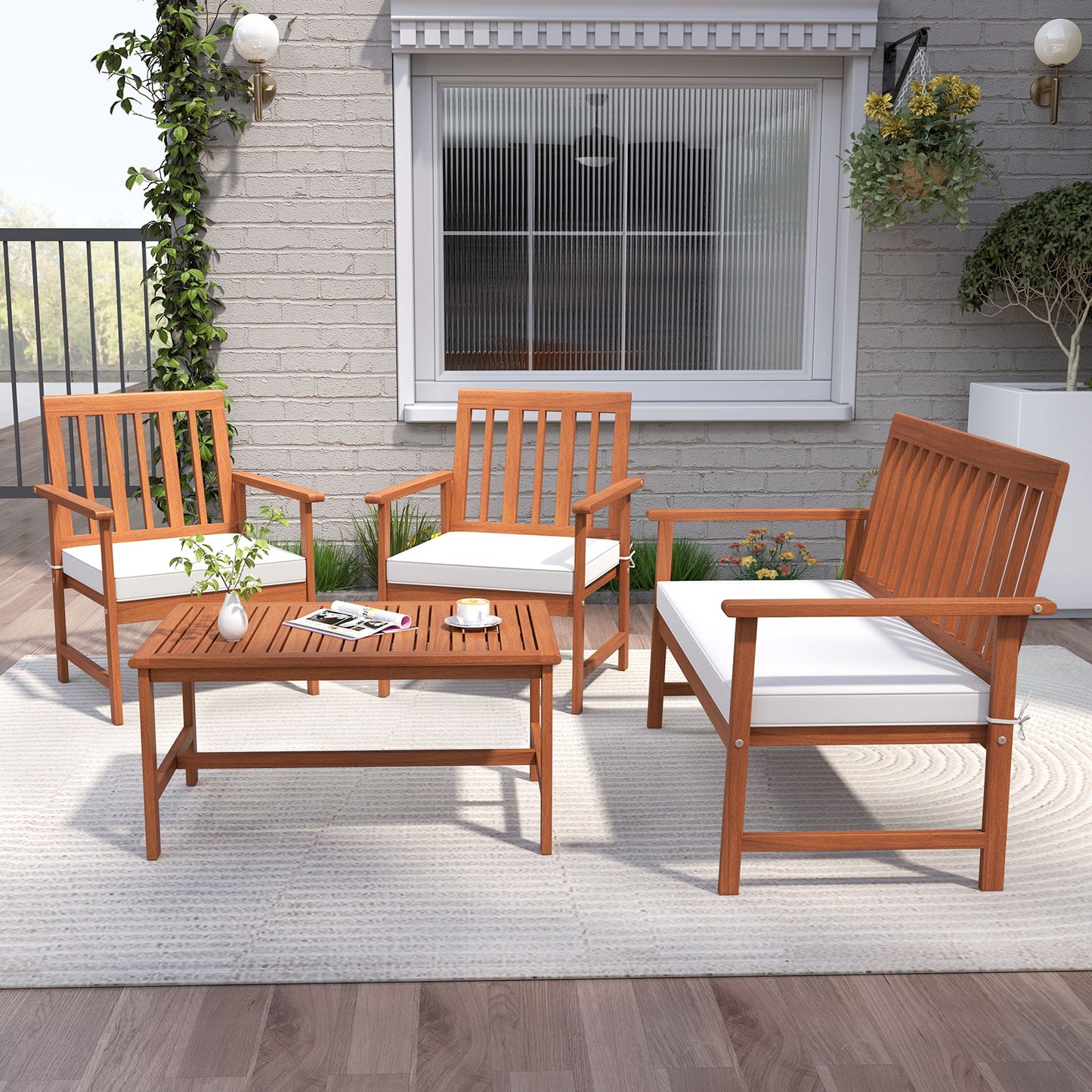 4 Piece Acacia Wood Furniture Set, White Patio Conversation Sets at Gallery Canada