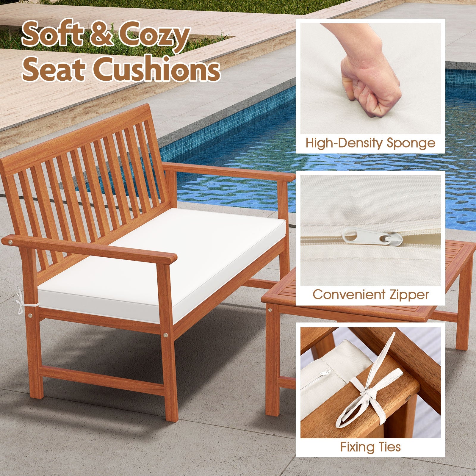 4 Piece Acacia Wood Furniture Set, White Patio Conversation Sets at Gallery Canada