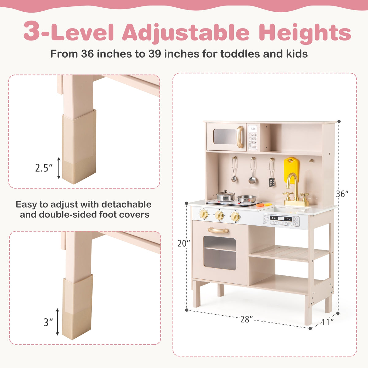 Adjustable Play Kitchen With Microwave, Lights, Sounds, Pink Play Kitchen Sets at Gallery Canada