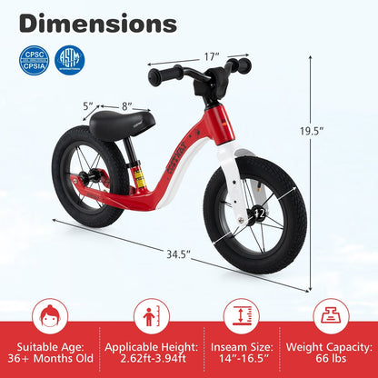 12-Inch Balance Bike, Adjustable Seat, Rotatable Handlebar, Red Balance Bikes at Gallery Canada
