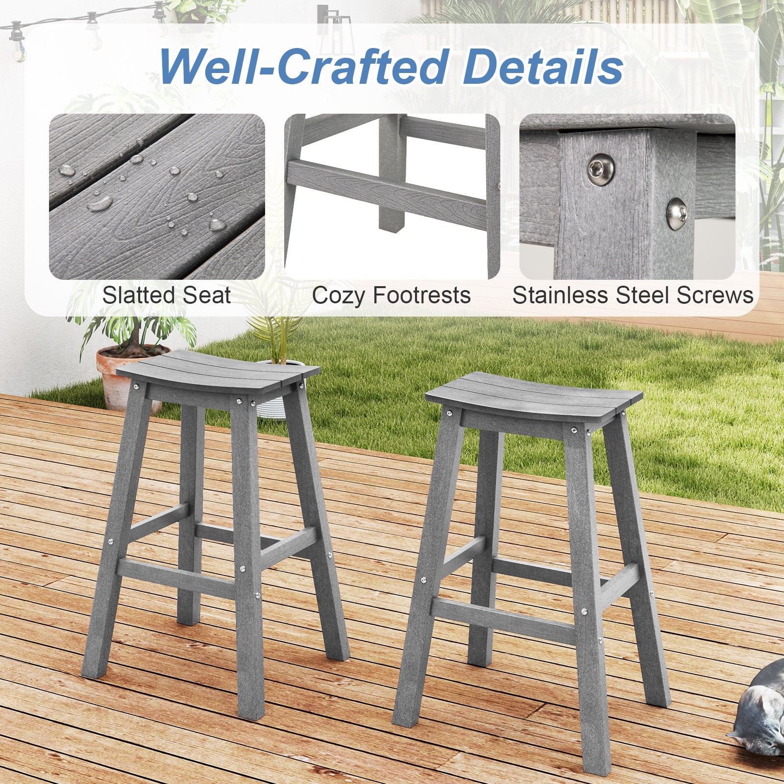 29 Inch HDPE Patio Bar Stool Set Of 2, Gray Bar Stools at Gallery Canada