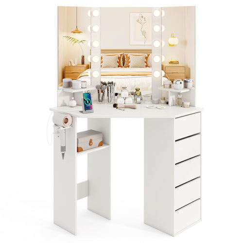Corner Vanity Desk With LED Mirror, Power Outlet, White