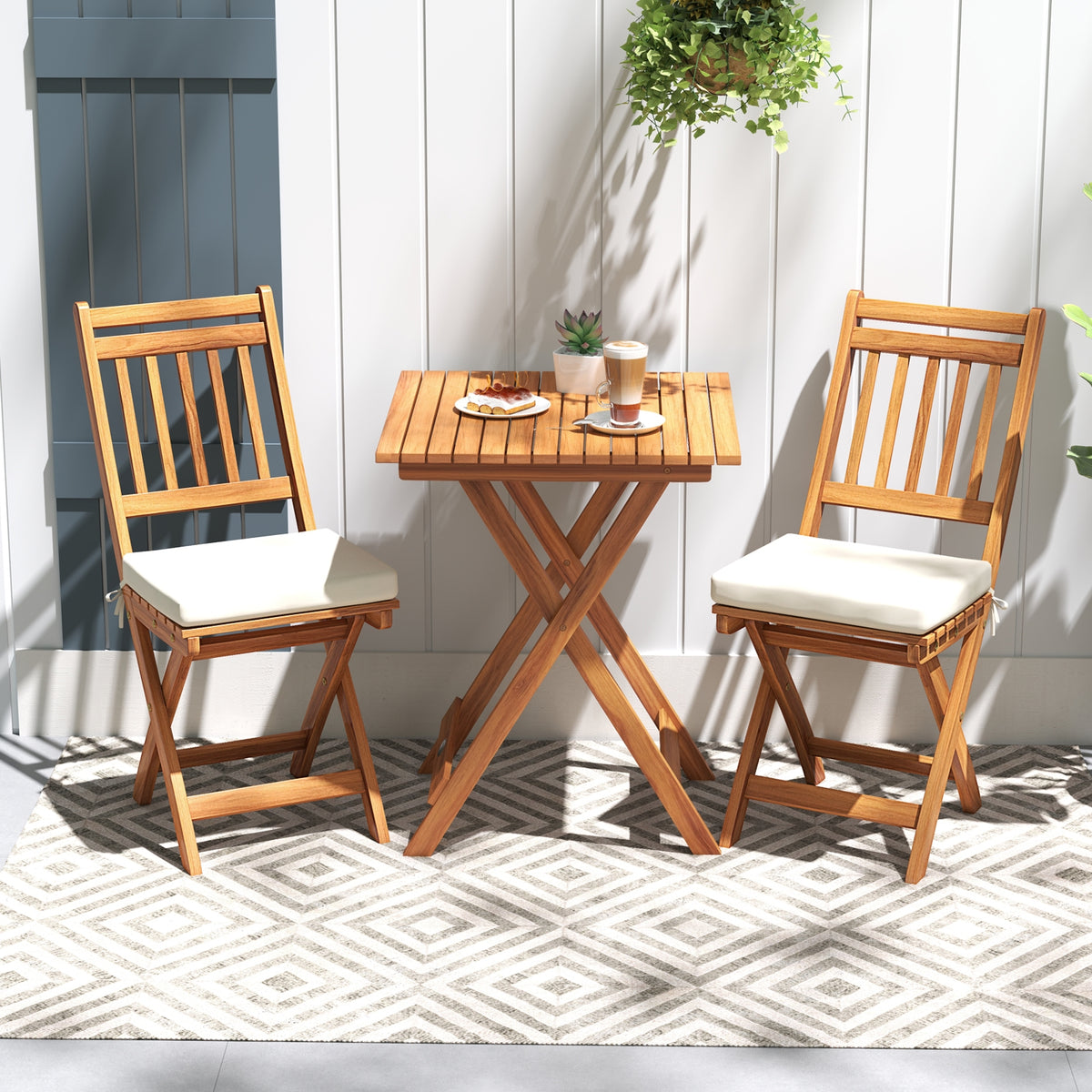 Outdoor Wood Bistro Set, With Soft Seat Cushions And Table, White Patio Conversation Sets at Gallery Canada