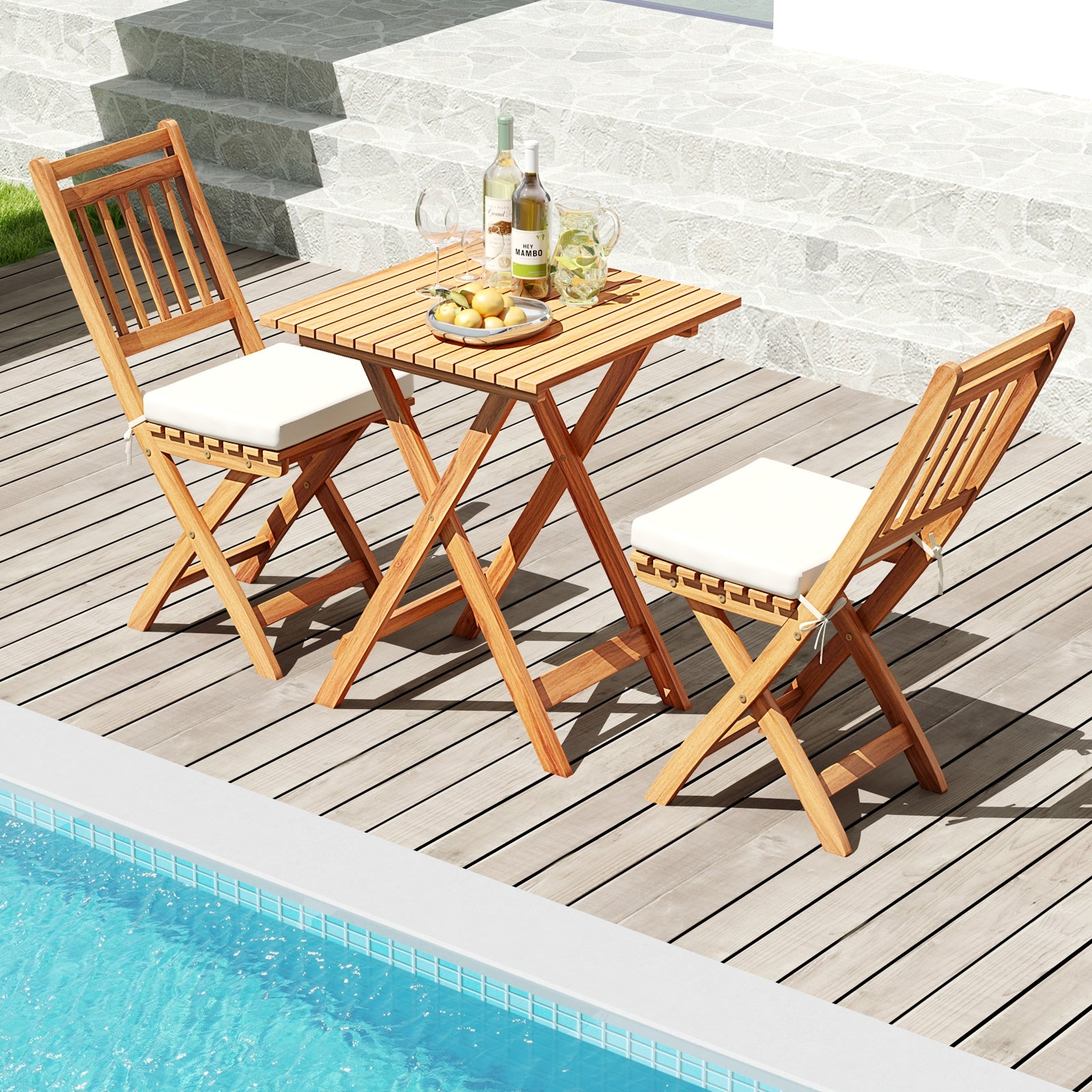 Outdoor Wood Bistro Set, With Soft Seat Cushions And Table, White Patio Conversation Sets at Gallery Canada