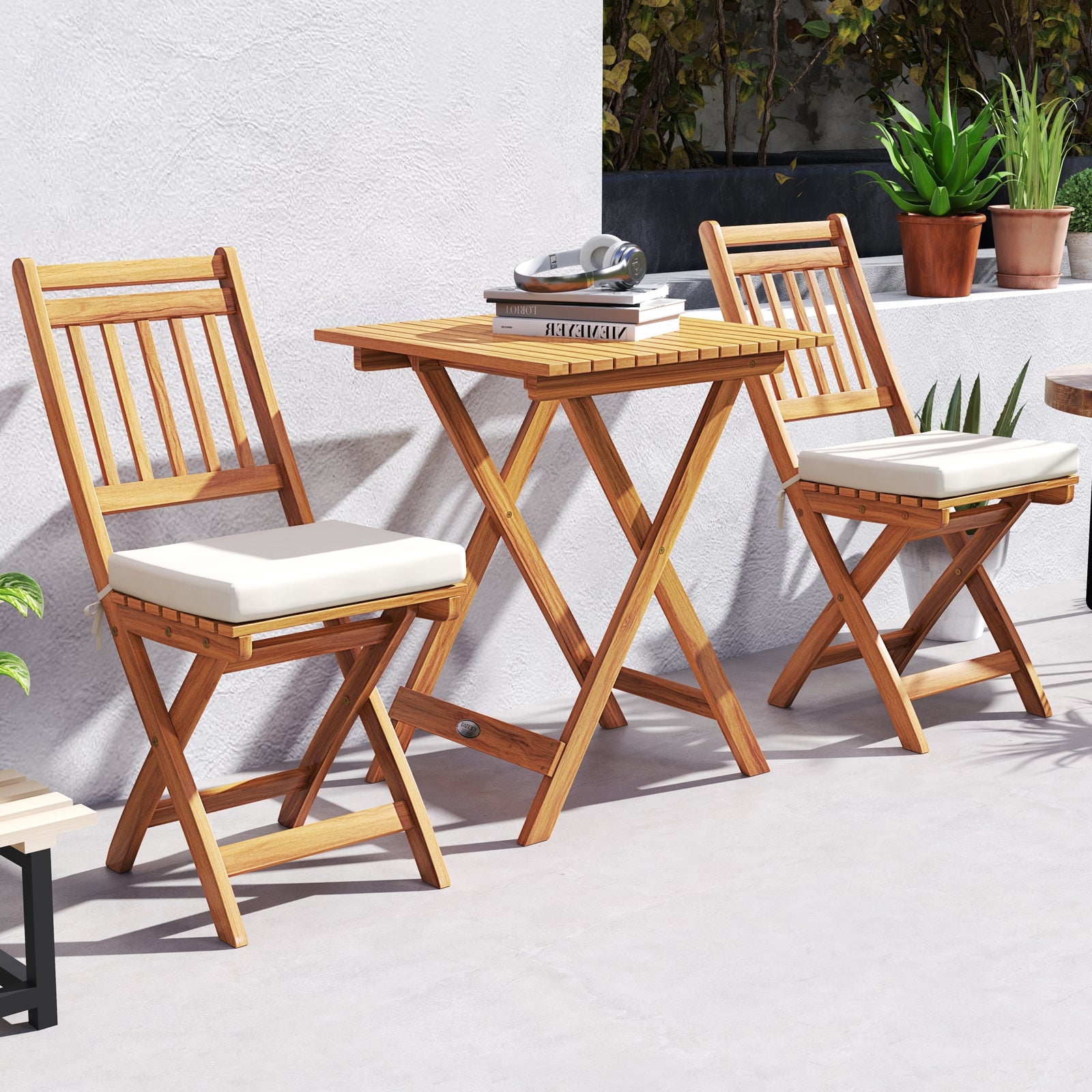 Outdoor Wood Bistro Set, With Soft Seat Cushions And Table, White Patio Conversation Sets at Gallery Canada