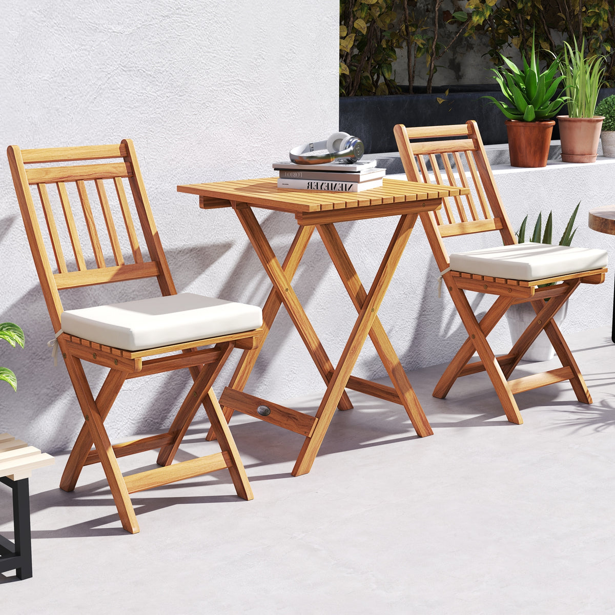 Outdoor Wood Bistro Set, With Soft Seat Cushions And Table, White Patio Conversation Sets at Gallery Canada